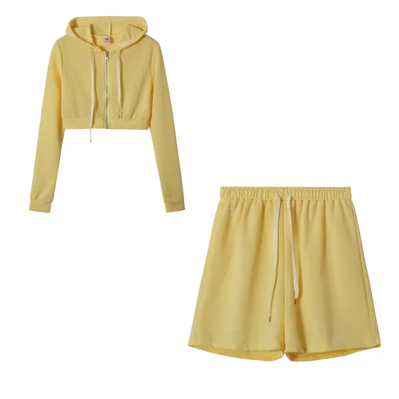 Lovemi - Knitted Hooded Zipper Sports Shorts Suit