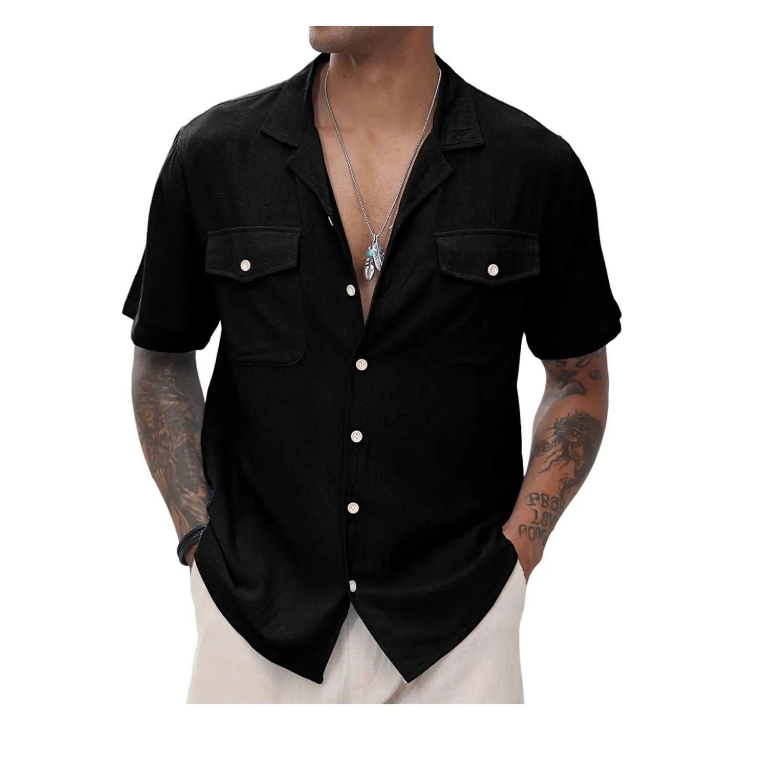 Lovemi - Men’s Casual Loose Solid Color Pocket Shirt