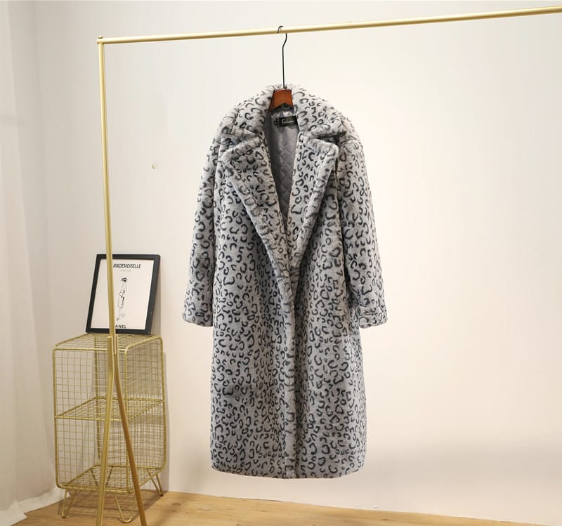 Lovemi - Leopard print oversized suit collar fur coat