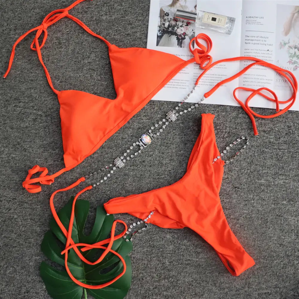 Lovemi - Women’s Rhinestone Swimsuit Solid Color Metal Chain