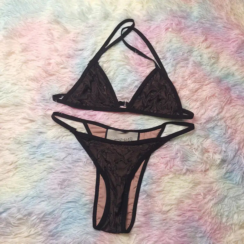 Lovemi - Mesh Embroidered Tie Neck Bikini