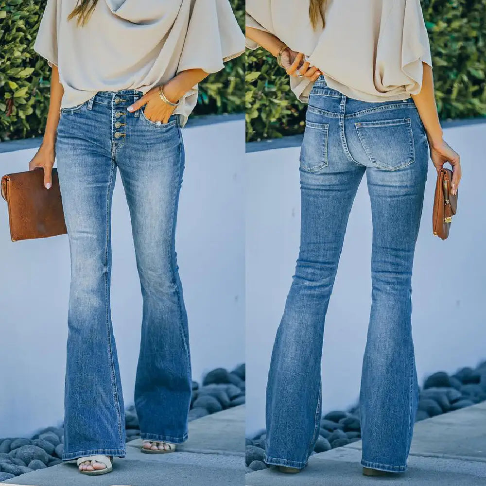 Lovemi - Women’s Jeans Slim Fit And Slim Multi-button Flared