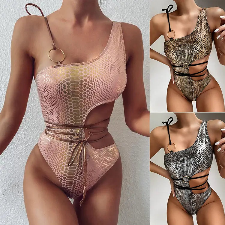 Lovemi – One-Shoulder-Bikini mit Schlangenmuster