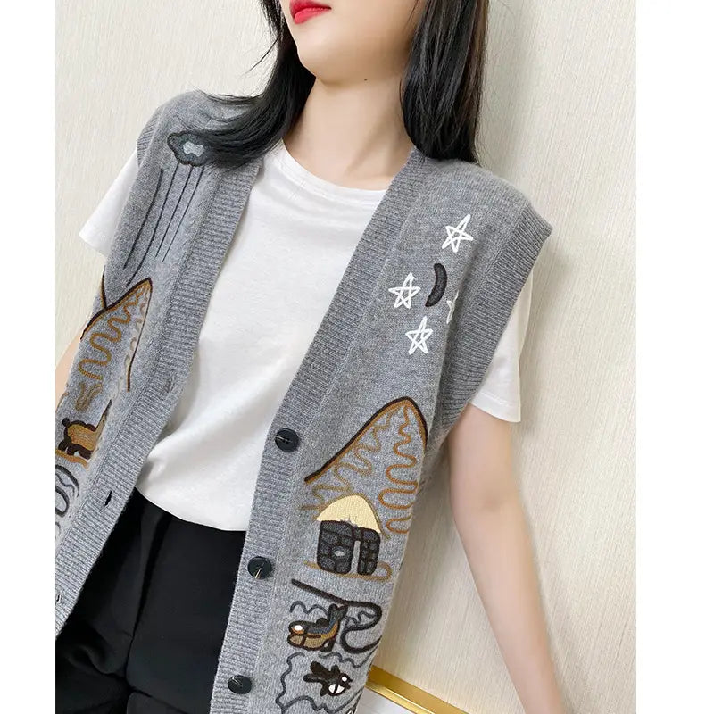 Lovemi - V-neck heavy embroidery cardigan woman