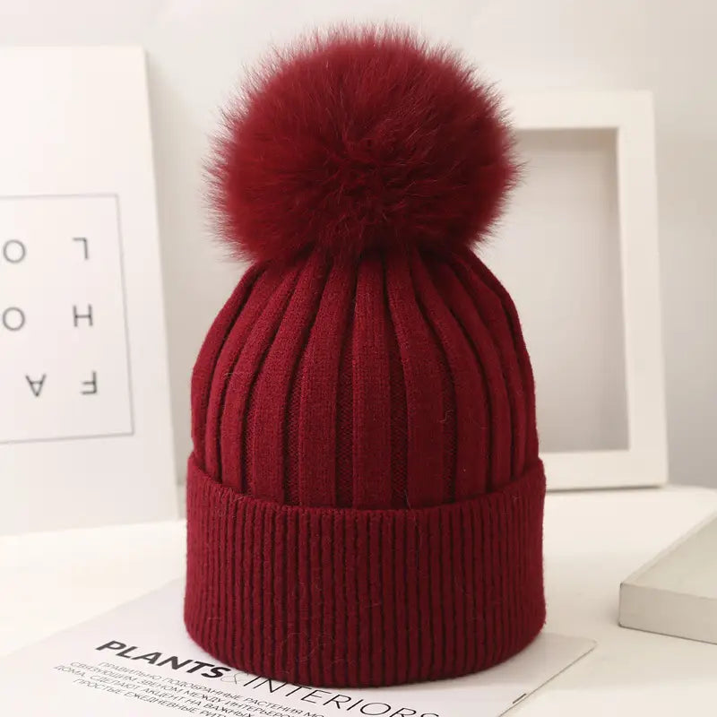 Lovemi - Boys And Girls Woolen Fox Fur Ball Knit Hat