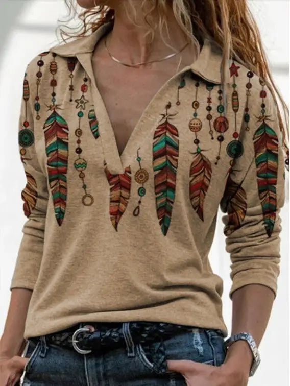 Lovemi - Retro long-sleeved printed V-neck shirt sweater