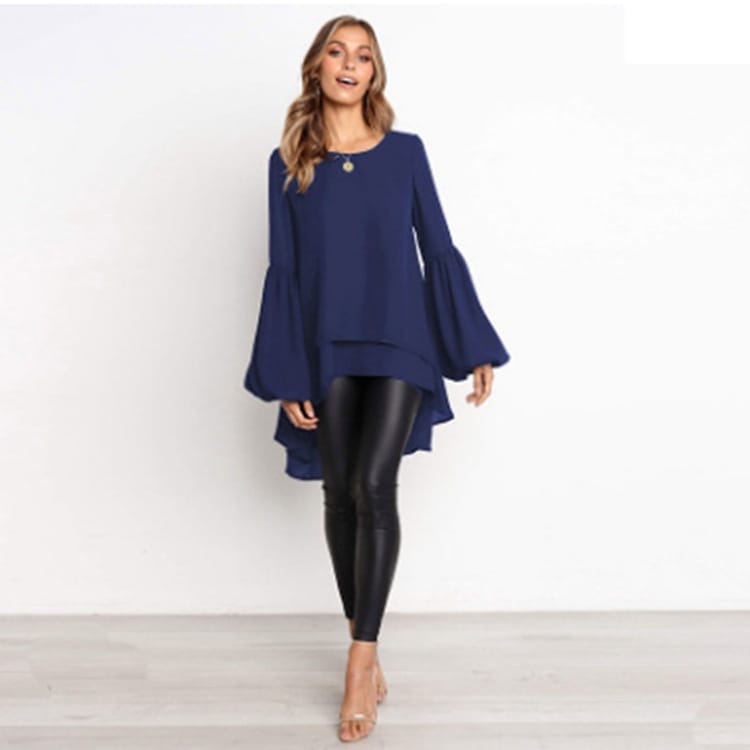 Lovemi - Round Neck Lantern Sleeve Irregular Ladies Top