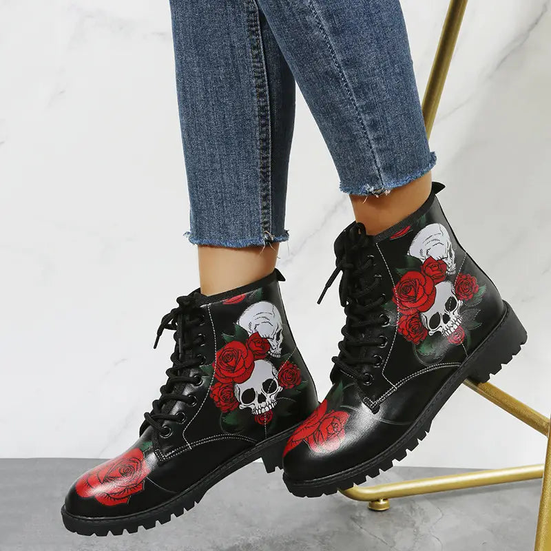 Lovemi - Halloween Shoes Rose Flower Print Lace-up Ankle