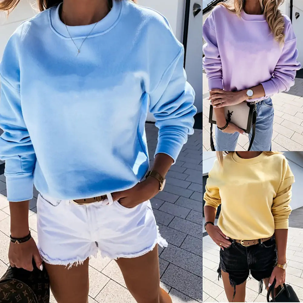 Lovemi - Pure Color Pullover Simple Long-Sleeved Round Neck