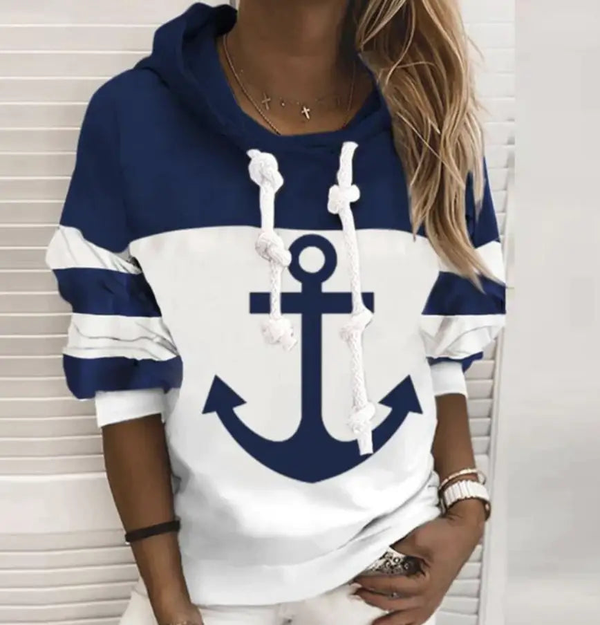 Lovemi - Striped Boat Anchor Printed Hood Women’s Outdoor