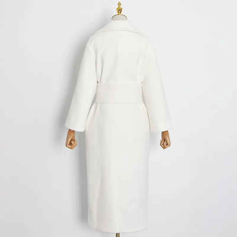 Lovemi - Lapel Waist White Mid-length Woolen Coat