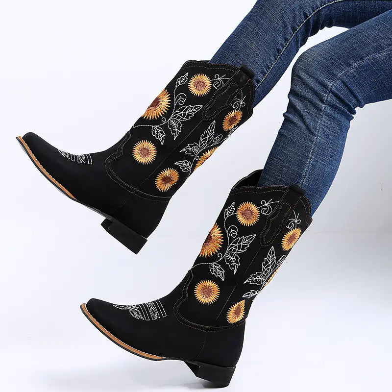 Cowboy Boots Women Sunflower Embroidery Shoes Low Heel