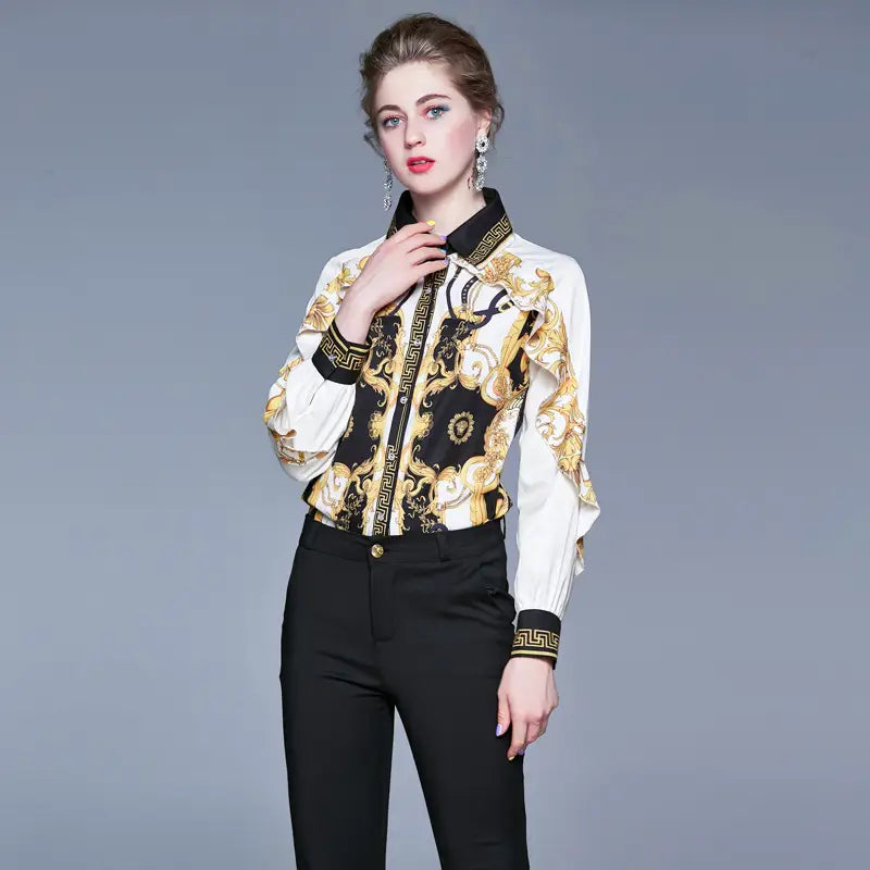 Lovemi - New Retro Palace Print Ruffled Slim-fit Fashion