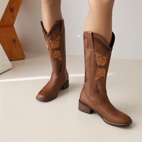 Bestickte Stiefel mit mittelhohem Absatz und quadratischer Zehenpartie für Damen