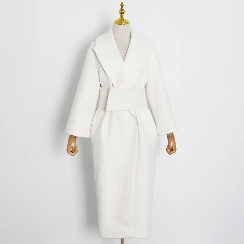 Lovemi - Lapel Waist White Mid-length Woolen Coat