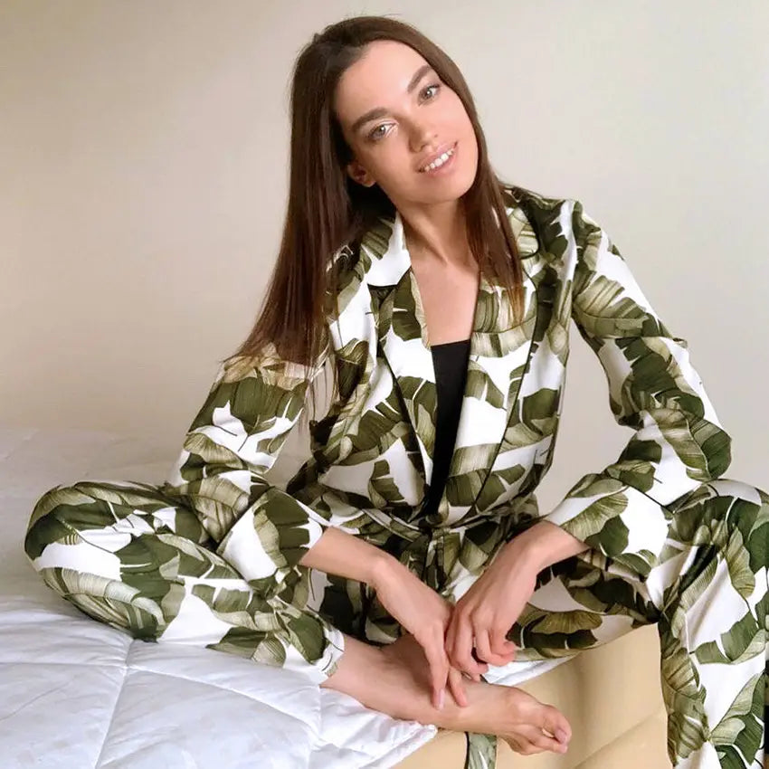 Lovemi - Banana Leaf Print Women’s Pajama Set Long Sleeve