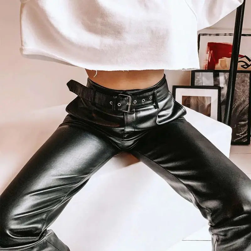 Lovemi - Pantalon en cuir décontracté avec ceinture de personnalité