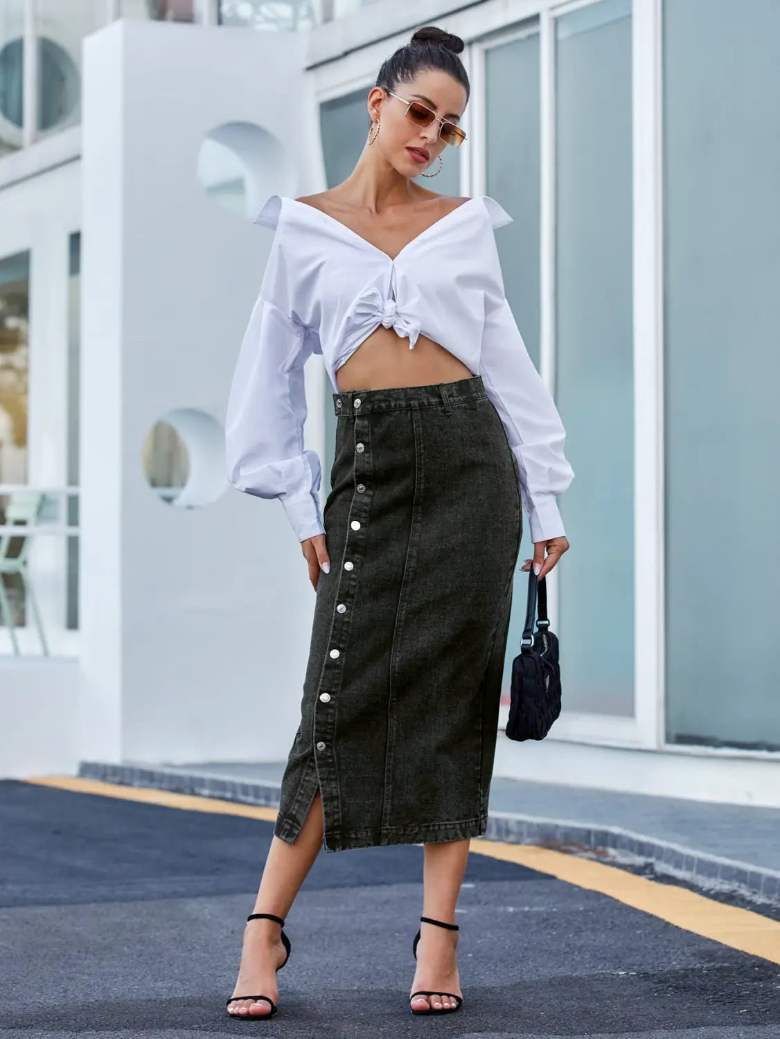 Button Irregular Slit Skirt Denim High Waist Long Skirt