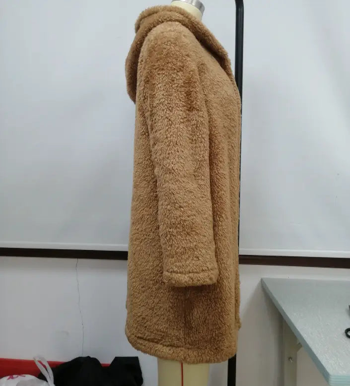 Lovemi - Lamb Wool Mid-length Cardigan Hooded Trench Coat