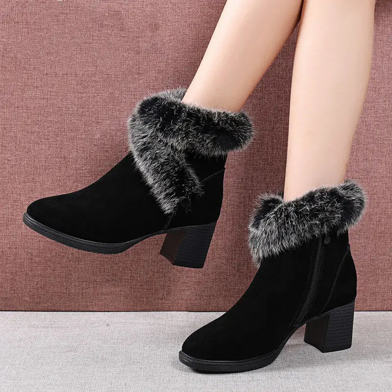 Rabbit Fur Snow Boots Women Cotton Shoes Mid Heel Plus