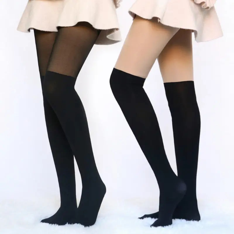 Sexy Damen-Strumpfhose über dem Knie, doppelt gestreift, transparent, Schwarz
