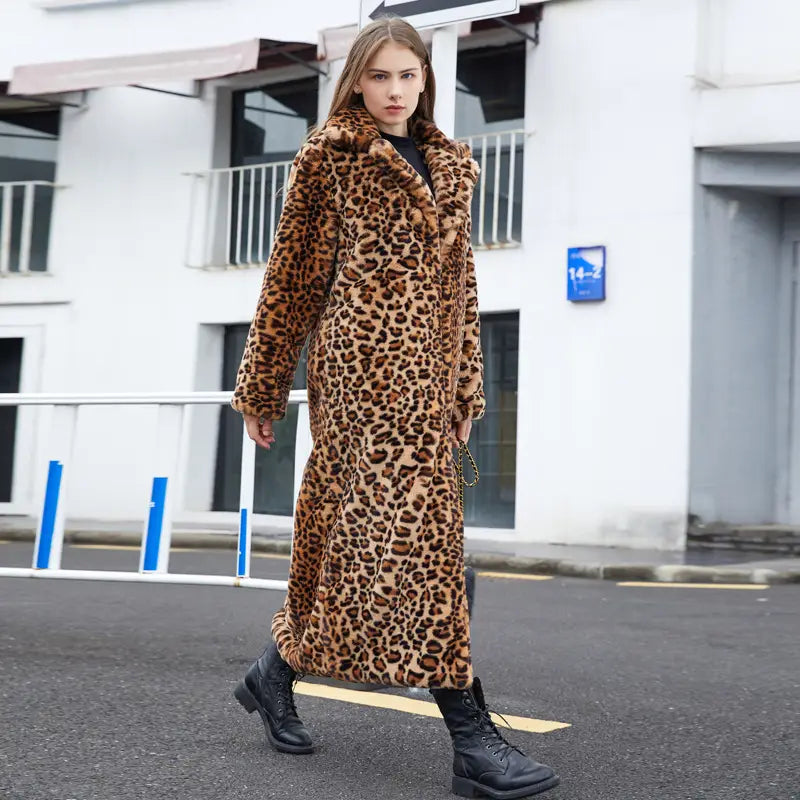 Lovemi - Faux Fur Leopard Print Rabbit Fur Super Long Suit