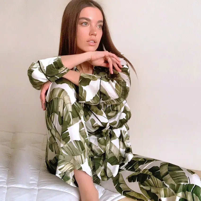 Lovemi - Banana Leaf Print Women’s Pajama Set Long Sleeve