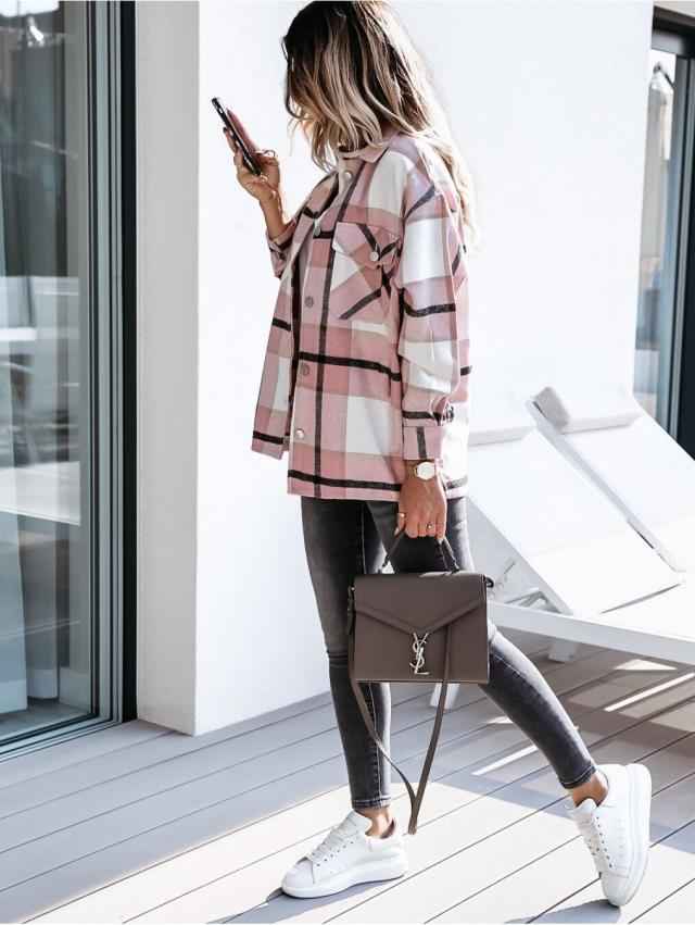 Lovemi - Autumn And Winter Long-Sleeved Plaid Shirt Jacket