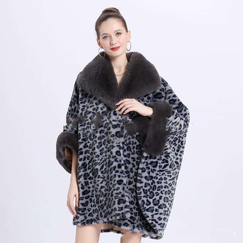 Lovemi - Leopard Print Big Hair Leader Mouth Cardigan Cape