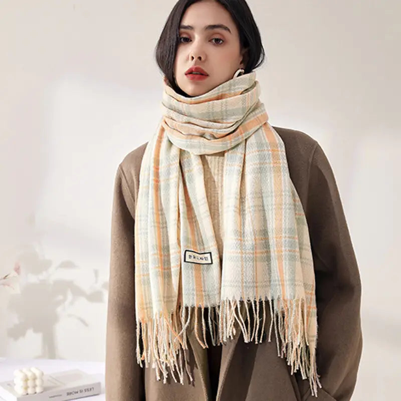 Women’s Fashionable Plaid Printed Tassel Shawl Warm Scarf