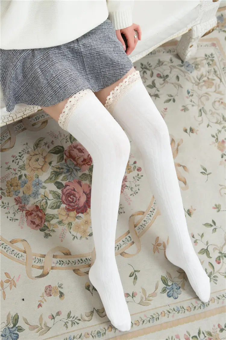 Lace lace over knee socks, high stockings, preppy stockings