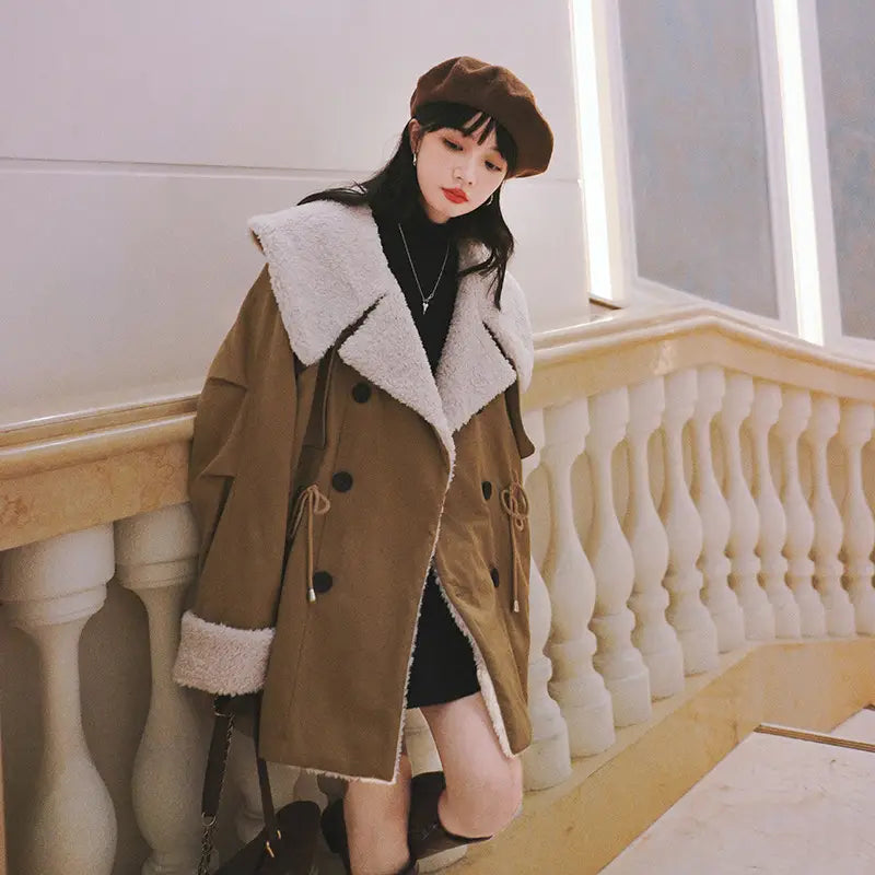 Lovemi - Winter New Mid-length Lamb Wool Coat With Large