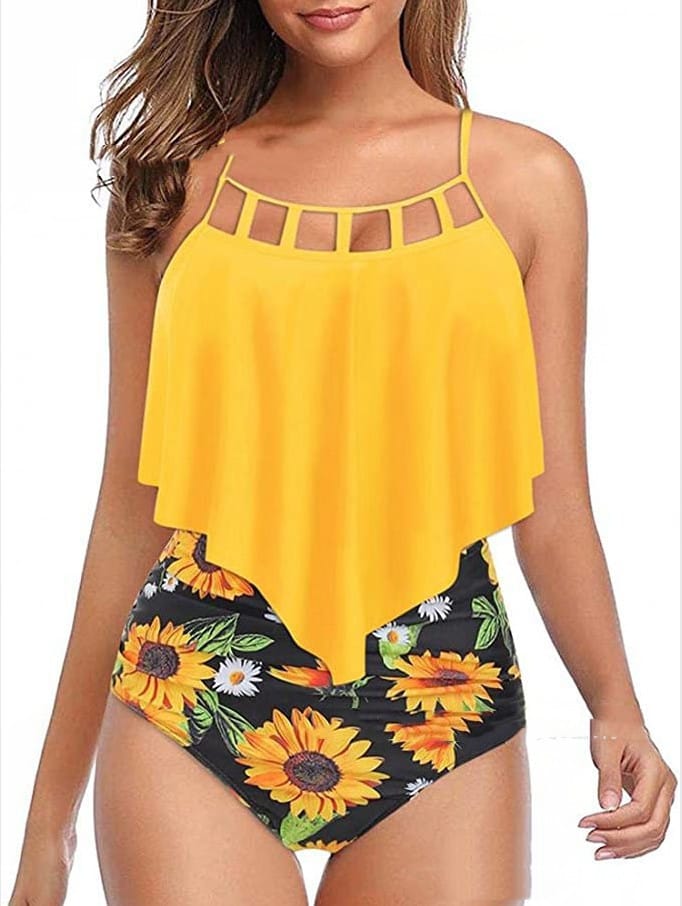 Lovemi - Ruffled Sunflower-print High-rise Bikini European