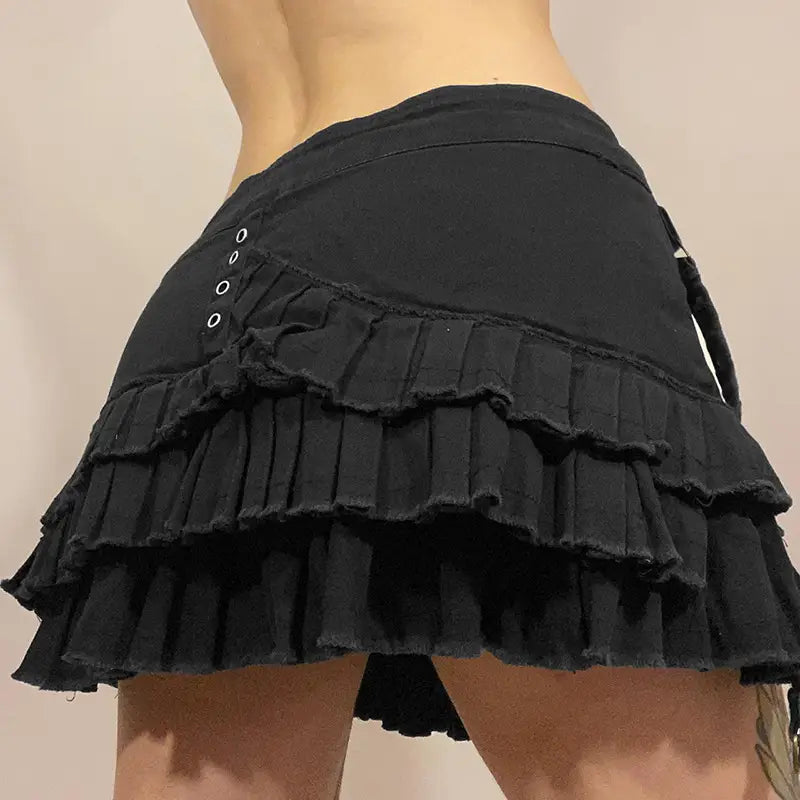 Metal Buckle Irregular Pleated Denim Skirt