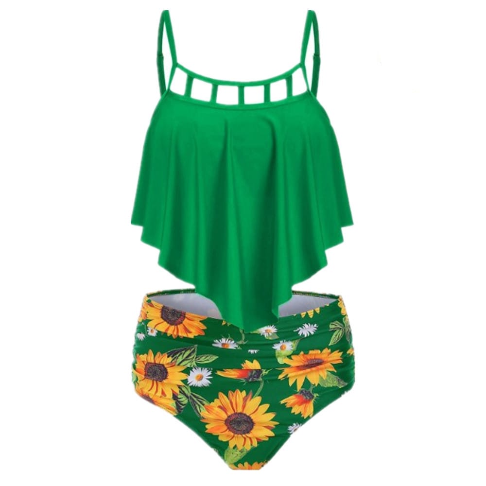 Lovemi – Hoch sitzender europäischer Bikini mit Rüschen und Sonnenblumenmuster