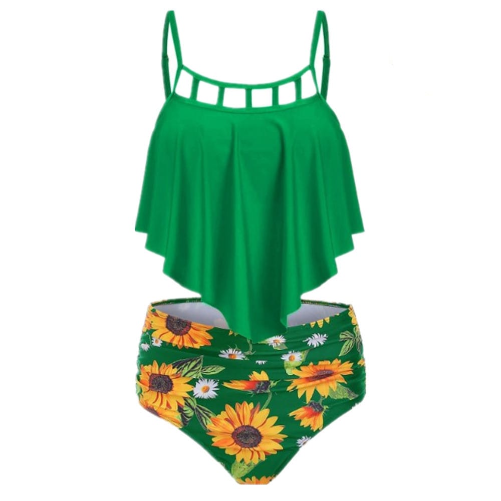Lovemi - Ruffled Sunflower-print High-rise Bikini European