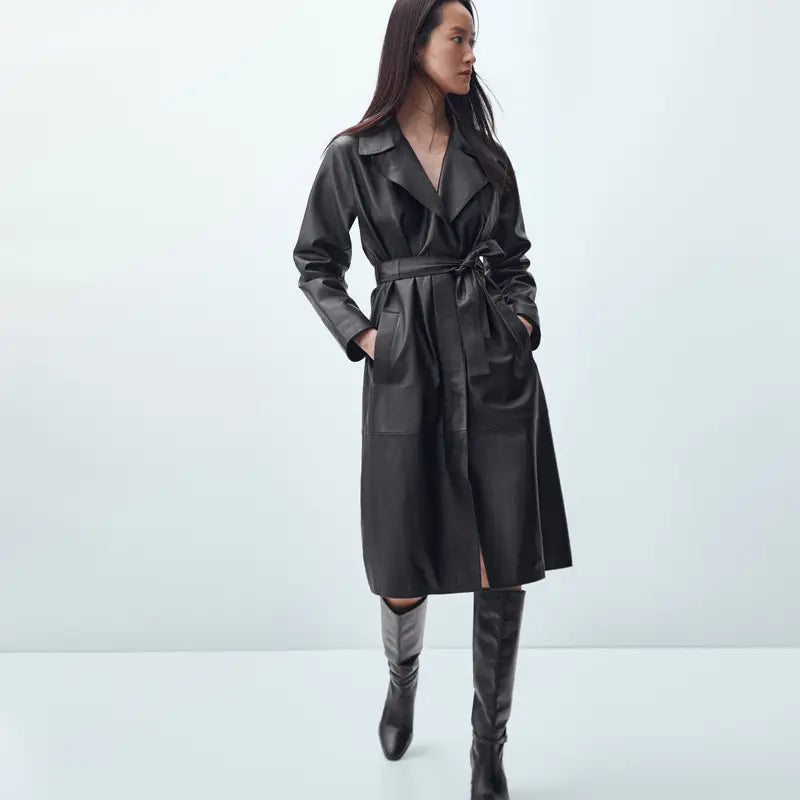 Lovemi - Stylish Belted Faux Leather Trench Coat