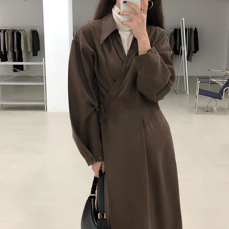 Lovemi - Cross-temperament shirt-style long-sleeved dress