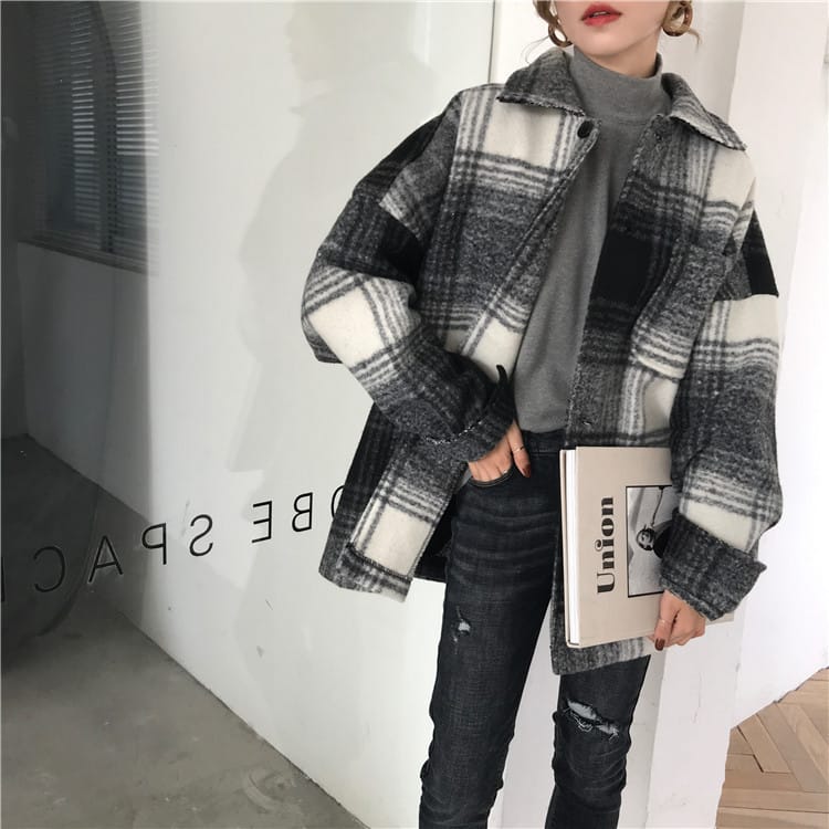 Lovemi – Mittellanges lockeres Plaid für Damen im Harajuku-Stil