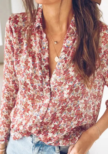 Lovemi - Ladies small floral lapel shirt