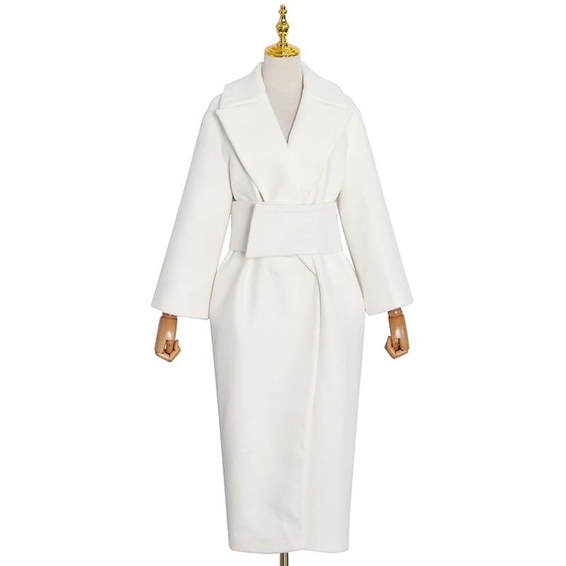 Lovemi - Lapel Waist White Mid-length Woolen Coat