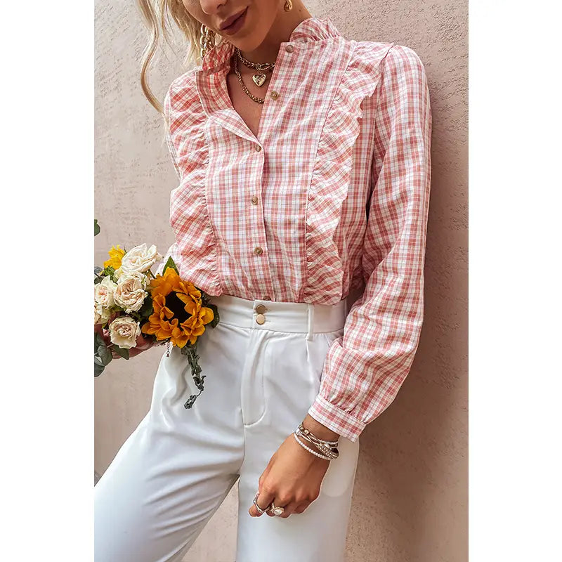 Lovemi - Retro Check Pink Puff Sleeve Shirt Pastoral Ruffled