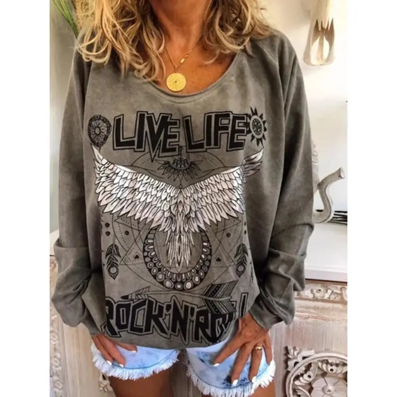 Lovemi - Women Loose Round Neck Printed Sweater