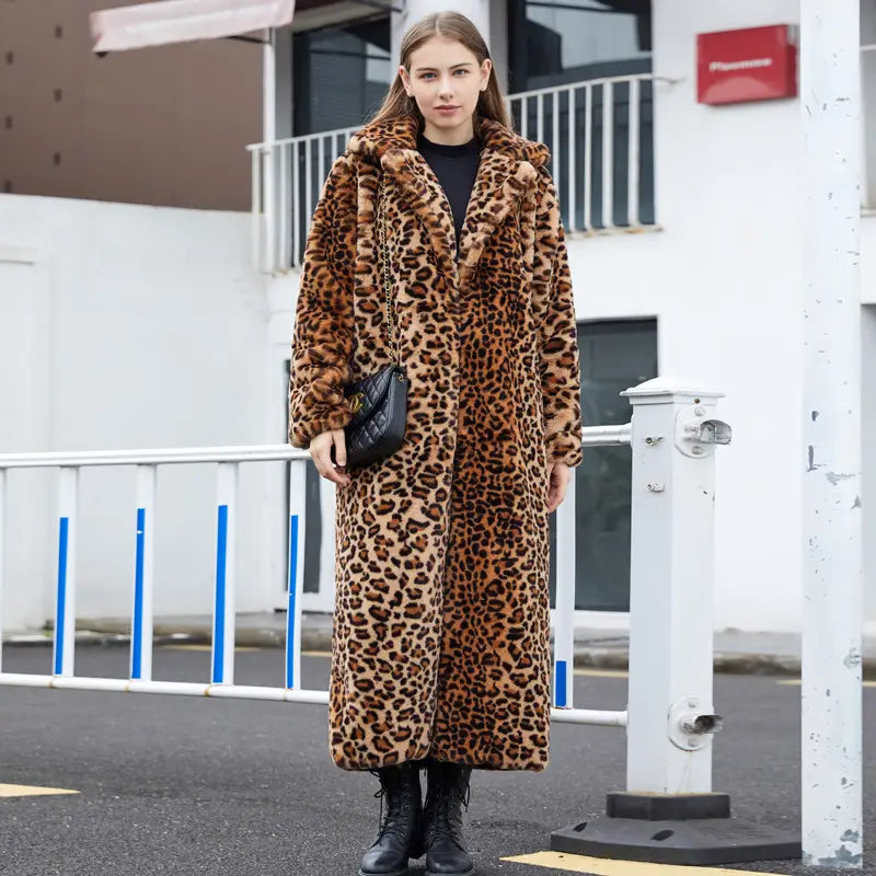 Lovemi - Faux Fur Leopard Print Rabbit Fur Super Long Suit