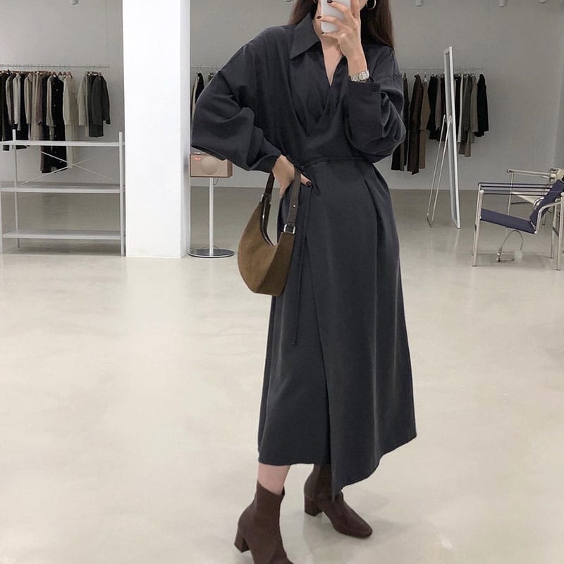 Lovemi - Cross-temperament shirt-style long-sleeved dress