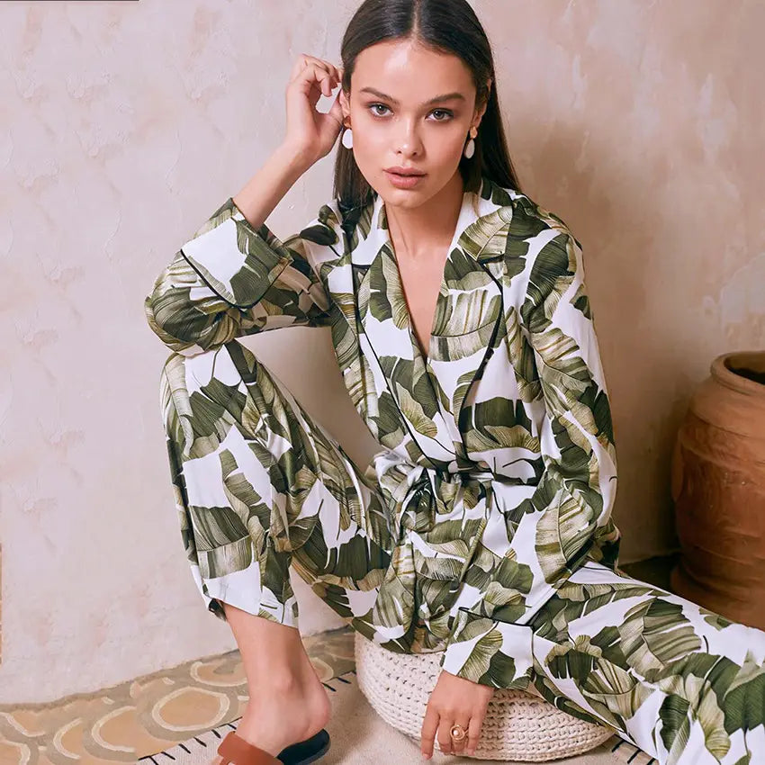 Lovemi - Banana Leaf Print Women’s Pajama Set Long Sleeve