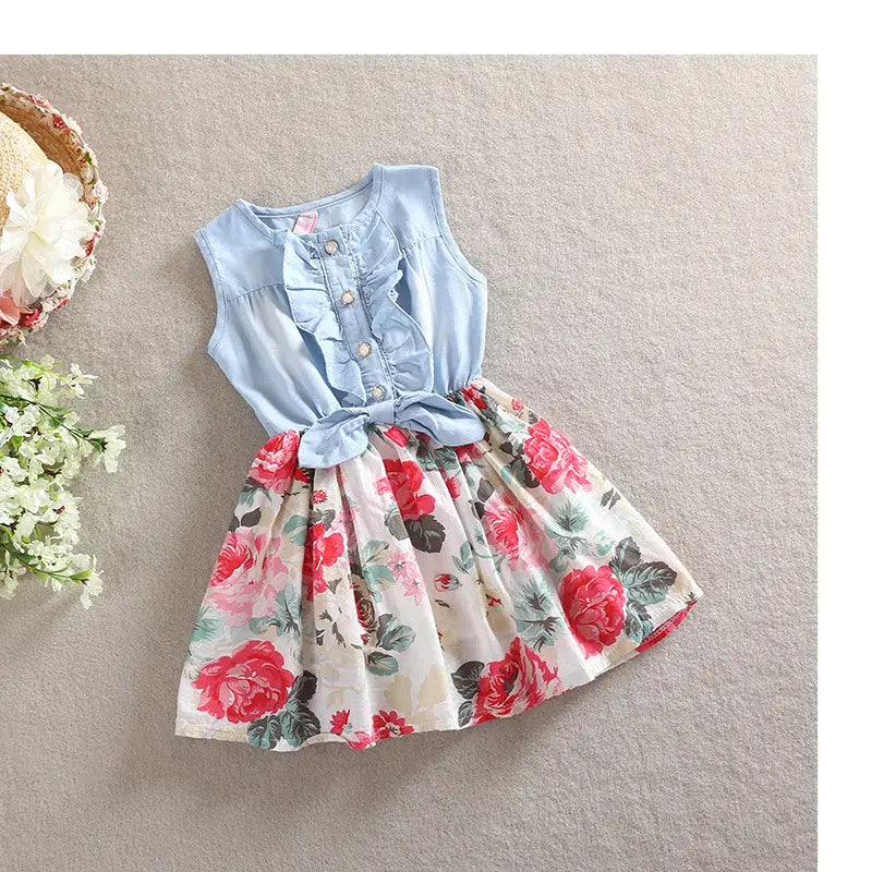 Lovemi - Summer Children Sleeveless Girl Denim Floral