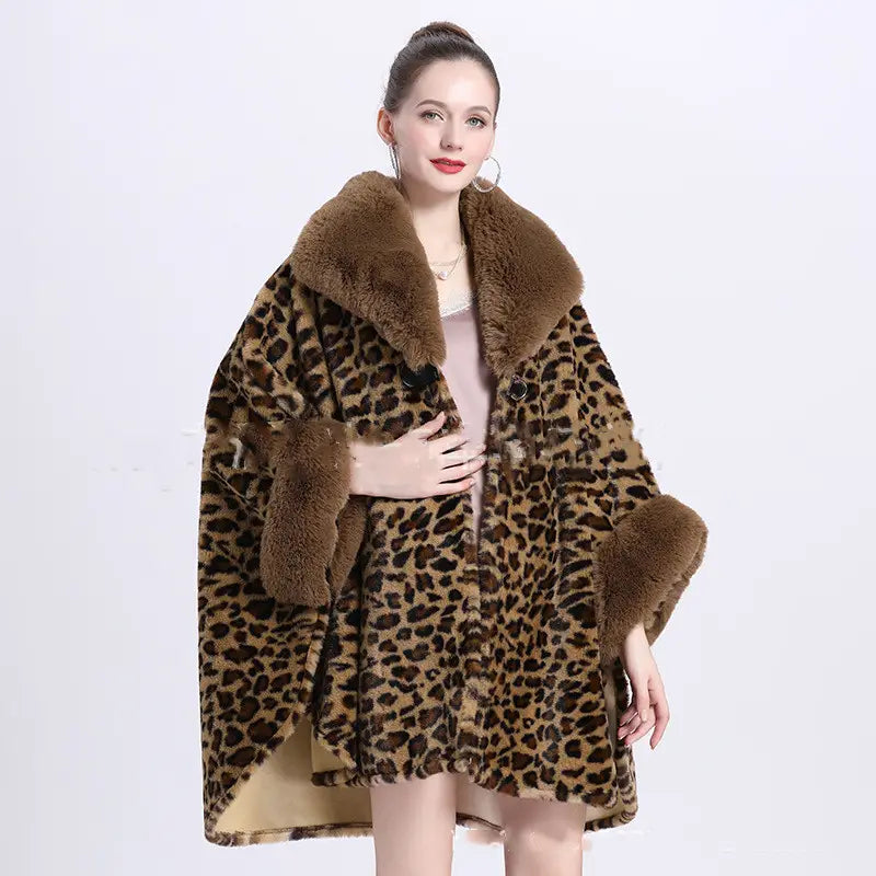 Lovemi - Leopard Print Big Hair Leader Mouth Cardigan Cape