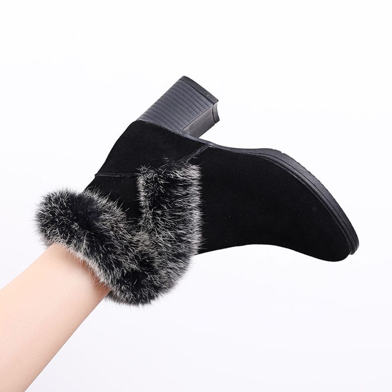 Rabbit Fur Snow Boots Women Cotton Shoes Mid Heel Plus