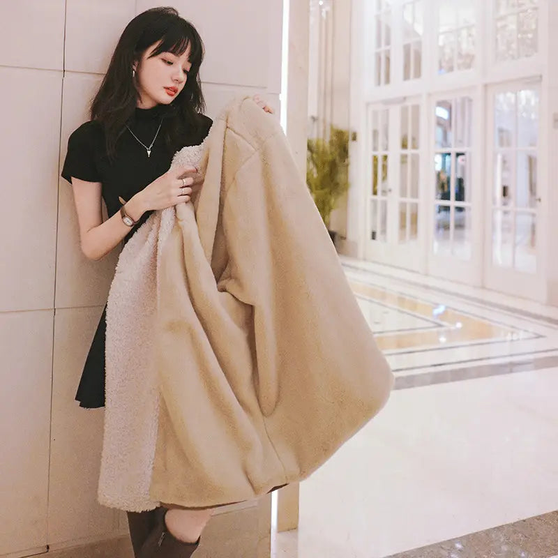 Lovemi - Winter New Mid-length Lamb Wool Coat With Large